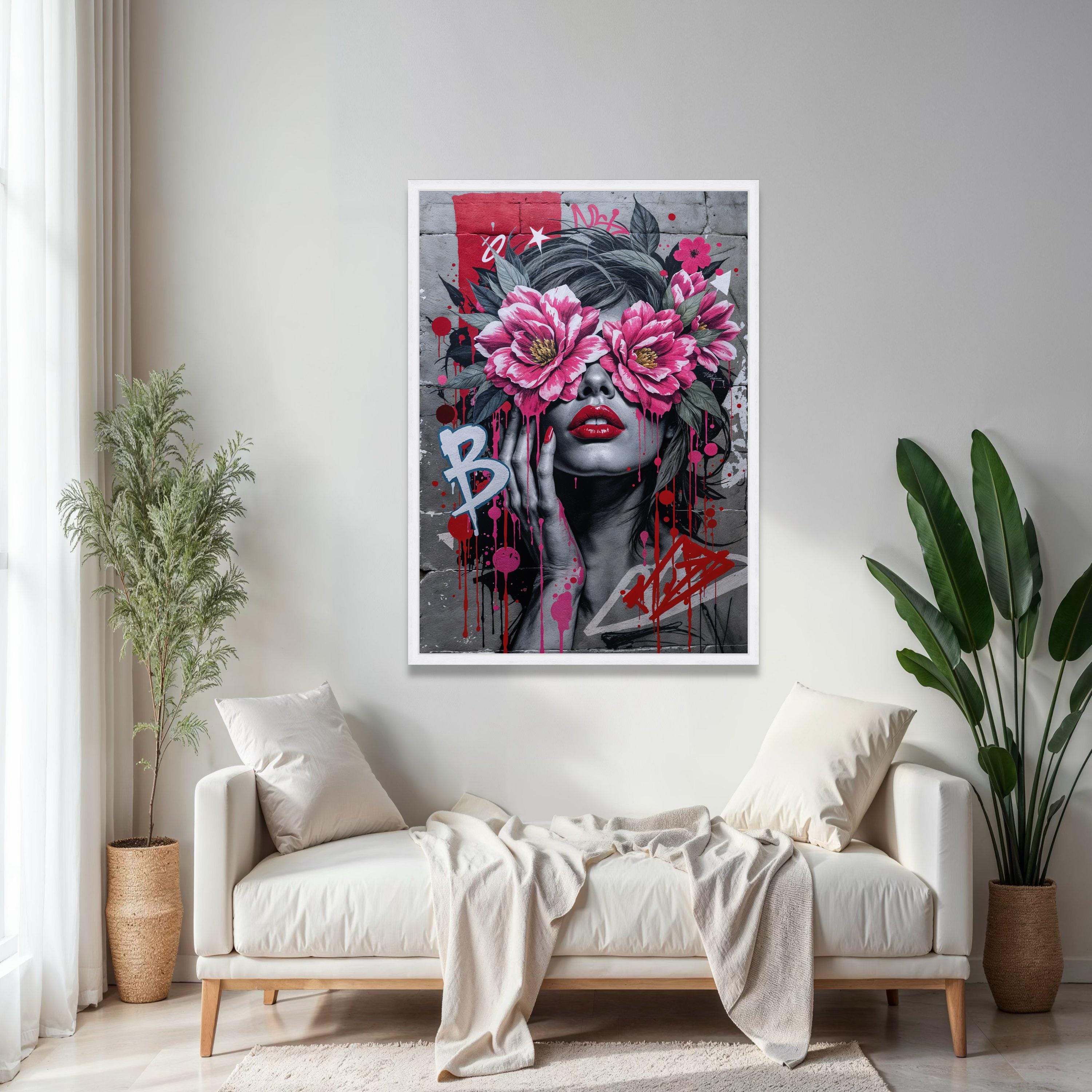 Urban Floral Woman Canvas, Street Art Style Portrait, Pink Flower