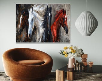 Lienzo decorativo de caballos al galope, pintura de cuatro caballos, lienzo de naturaleza animal, decoración rústica para el hogar, regalo dinámico, decoración del hogar, impresión
