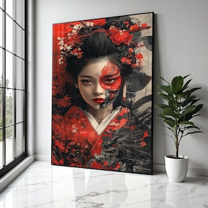 Elegant Geisha Portrait Canvas, Japanese Woman Wall Art, Red and Black Floral Kimono Art, Face Paint Decorative Gift Art, Home Decor, Print