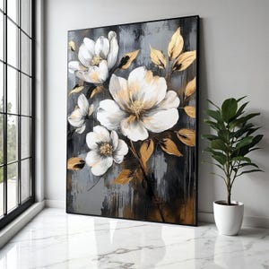Elegant White Magnolia Flowers Canvas, Gold Leaf Accent Floral Wall Art, Modern Botanical Canvas, Nature Gift Art, Home Decor, Print
