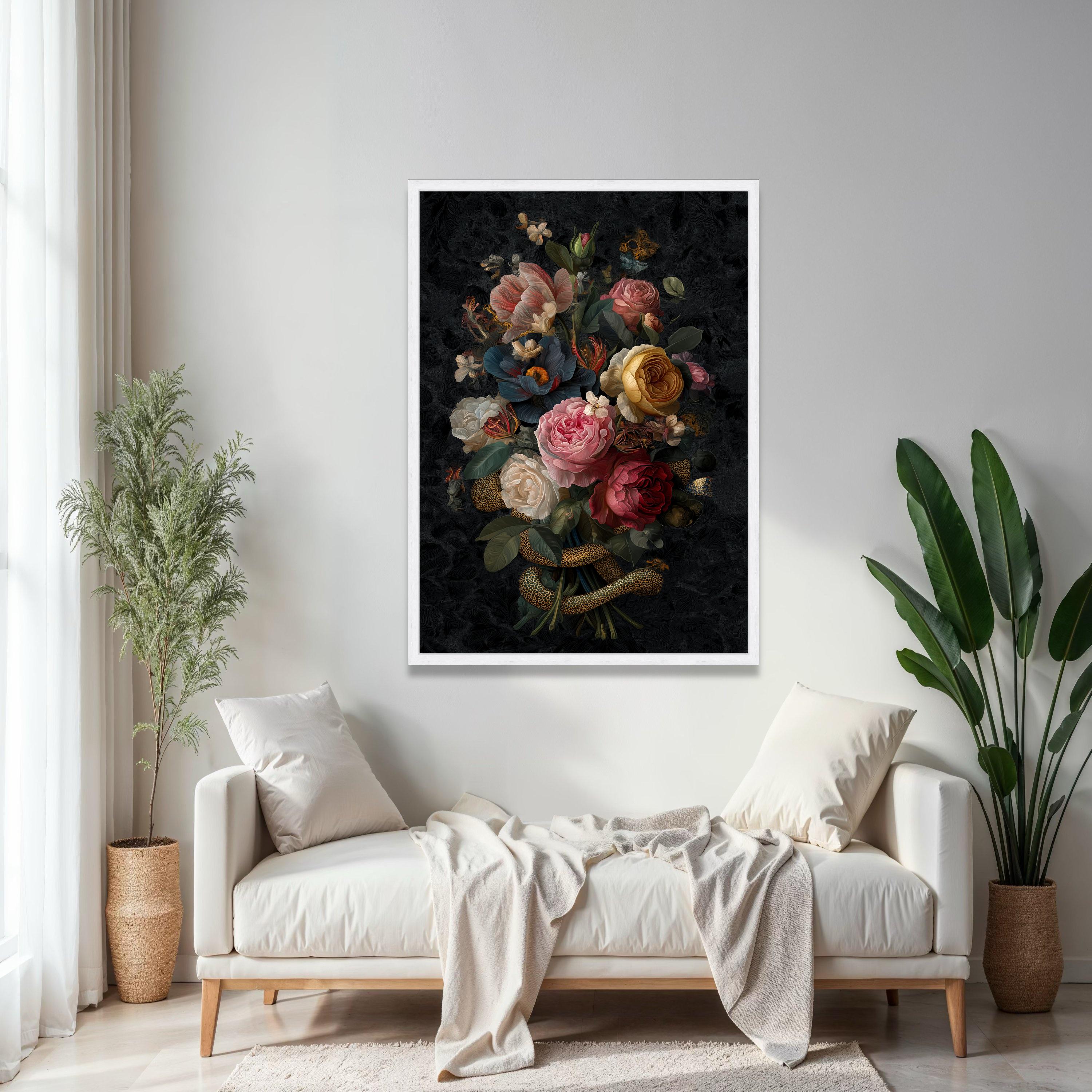 Vintage Floral Bouquet Canvas Wall Art, Dark Background Flowers