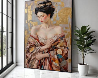 Elegante ritratto di donna asiatica su tela, sfondo in foglia d'oro, tradizionale arte murale in kimono, regalo di bellezza femminile, arredamento per la casa, stampa