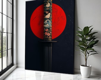 Japanese Katana Sword Canvas Wall Art, Samurai Blade with Traditional Artwork, Red Sun Background, Asian Gift Art, Home Decor, Print