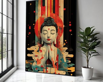 Puede incluir: Una impresión artística enmarcada que representa a Buda meditando. La obra de arte utiliza una paleta de colores vibrantes con un halo rojo, rayas verticales y un fondo negro. Las manos de Buda están juntas en oración.