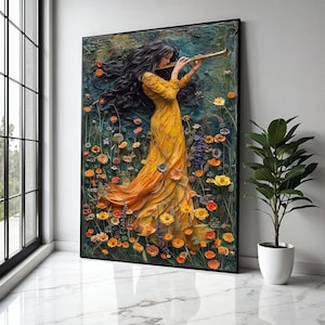 Enchanting Woman Playing Flute Canvas, Floral Garden Scene Wall Art, Yellow Dress Art Print, Elegant Music Home Gift Art, Home Decor, Print