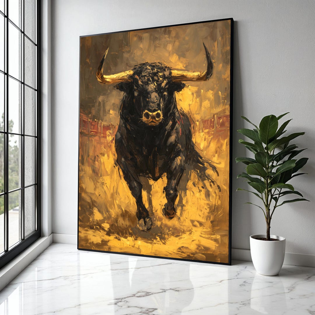 Powerful Charging Bull Canvas Wall Art, Abstract Animal Painting ...