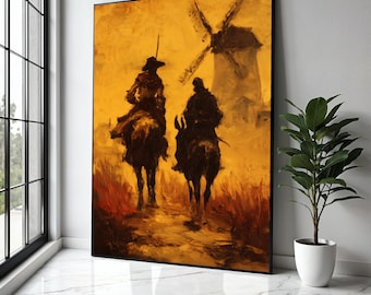 Don Quixote and Sancho Panza, Vintage Literary Canvas, Windmill Scene Wall Art, Classic Spanish Tale Painting, Gift Art, Home Decor, Print