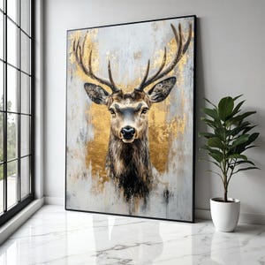 Majestic Deer Portrait Canvas, Golden Abstract Background, Rustic Wildlife Wall Art, Nature Animal Decoration, Gift Art, Home Decor, Print