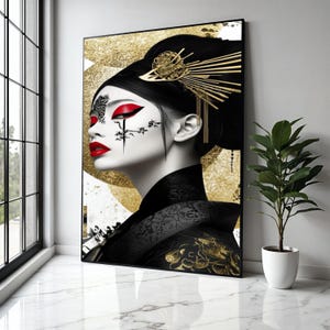 Elegant Geisha Portrait Canvas, Gold and Red Wall Art, Japanese Inspired Face Painting, Oriental Decorative Gift Art, Home Decor, Print