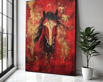 Majestic Red Horse Canvas Wall Art, Abstract Animal Painting, Gold Accent Home Decor, Bold Equine Portrait Gift Art, Home Decor, Print