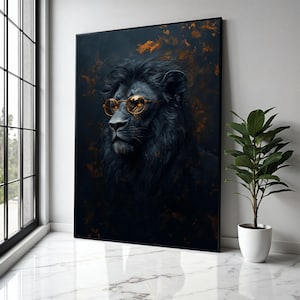 Portrait de lion majestueux avec des lunettes en toile dorée, art mural animal moderne, fond abstrait sombre, art cadeau animalier, décoration d&#39;intérieur, impression