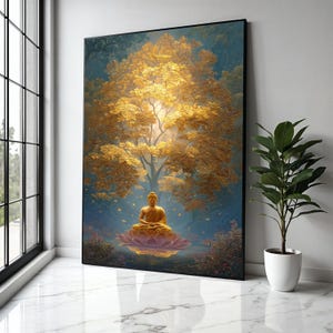 Golden Buddha Meditation Canvas, Spiritual Wall Art, Zen Lotus Flower Decor, Peaceful Yoga Canvas, Tranquil Home Gift Art, Home Decor, Print