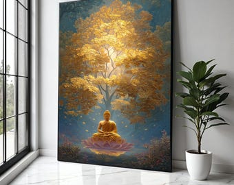 Golden Buddha Meditation Canvas, Spiritual Wall Art, Zen Lotus Flower Decor, Peaceful Yoga Canvas, Tranquil Home Gift Art, Home Decor, Print