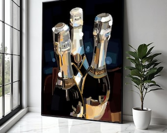 Modern Champagne Bottles Canvas, Abstract Alcohol Wall Art, Celebration Drink Decor, Bar Room Canvas, Kitchen Gift Art, Home Decor, Print
