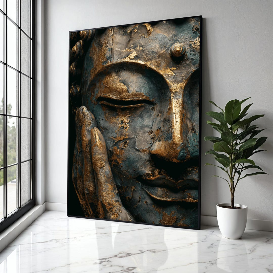 Serene Buddha Face Canvas Wall Art, Gold Leaf Meditation Decor ...