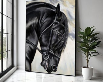 Majestic Black Stallion Canvas Wall Art, Equestrian Horse Portrait, Elegant Animal Canvas, Farmhouse Rustic Gift Art, Home Decor, Print