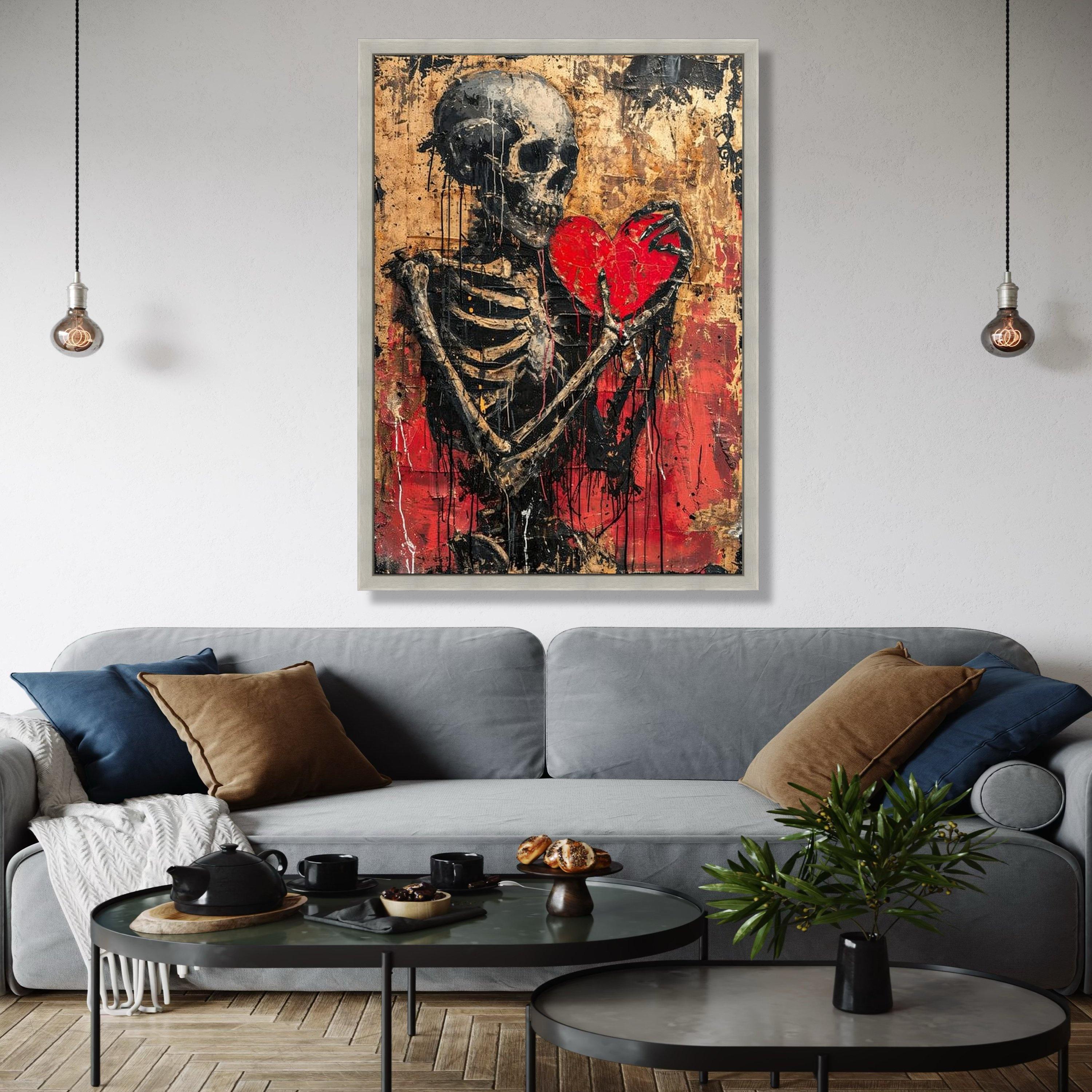 Dark Skeleton Holding Red Heart Canvas, Gothic Wall Art