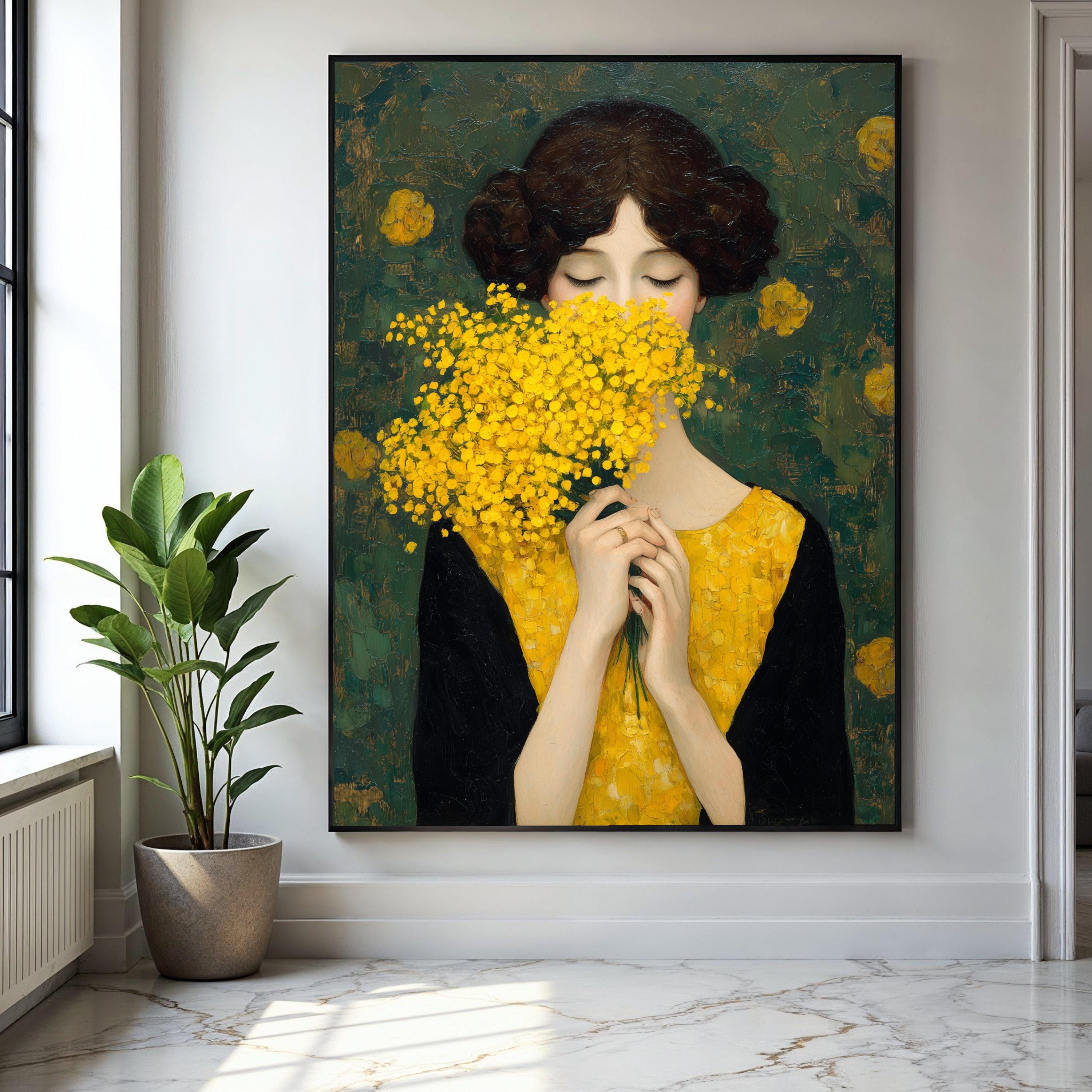 花の装飾の女性肖像画　アートガラスパネル 黄色い花を持つ女性 キャンバス、エレガントな肖像画の壁アート、花束