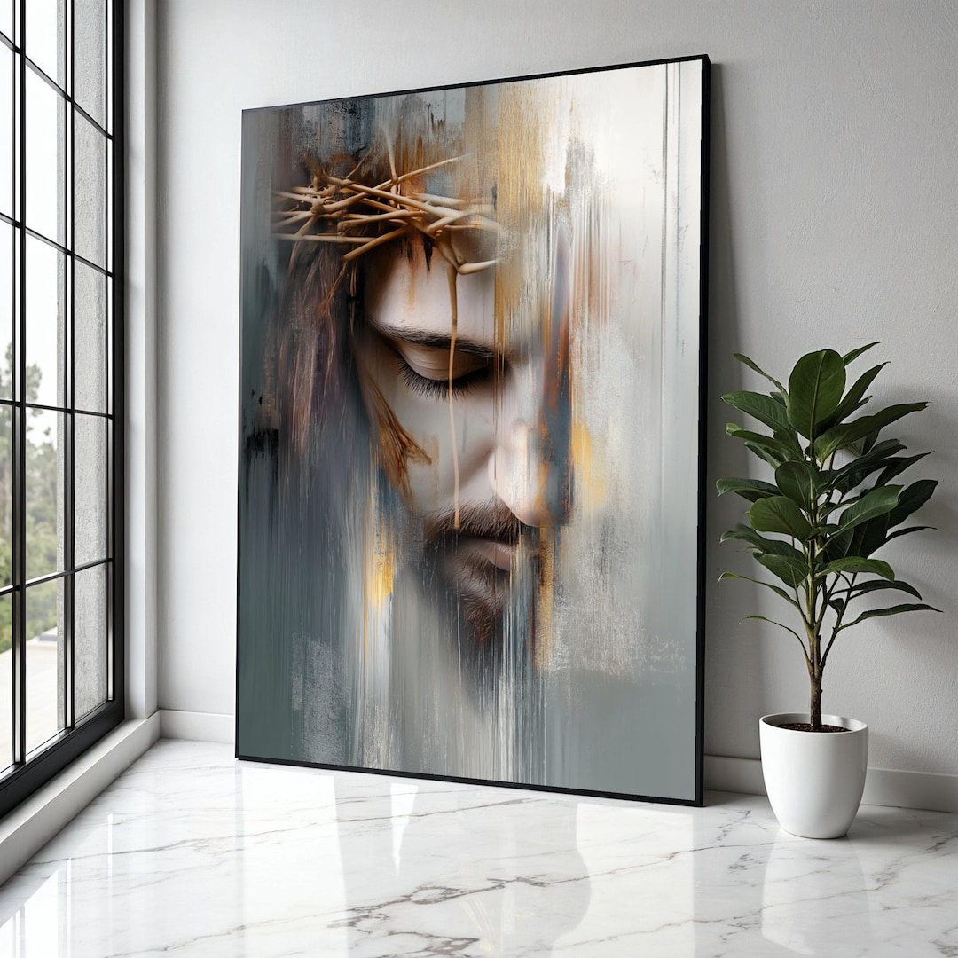 Abstract Jesus Face Canvas Wall Art, Crown of Thorns Painting ...