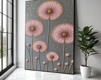 May include: A framed artwork featuring stylized pink dandelions with gold accents against a gray background. The dandelions have textured petals and are arranged in a vertical composition. The artwork is displayed near a window and a potted plant.