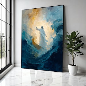Illuminated Jesus Walking on Water Canvas, Religious Spiritual Wall Art, Abstract Christian Painting, Gift Art, Home Decor, Print