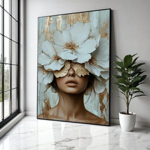 Elegant Woman with White Blossoms Canvas, Floral Face Art, Gold Accent Wall Decor, Modern Female Portrait Gift Art, Home Decor, Print