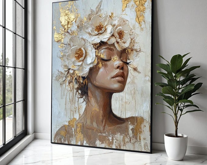 Elegant Woman Portrait Canvas, Floral Crown Wall Art, Gold Painting ...