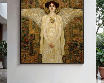Ethereal Angel Portrait Canvas, Gold Leaf Art, Spiritual Wall Decor, Vintage Gothic Painting, Angelic Figure Gift Art, Home Decor, Print