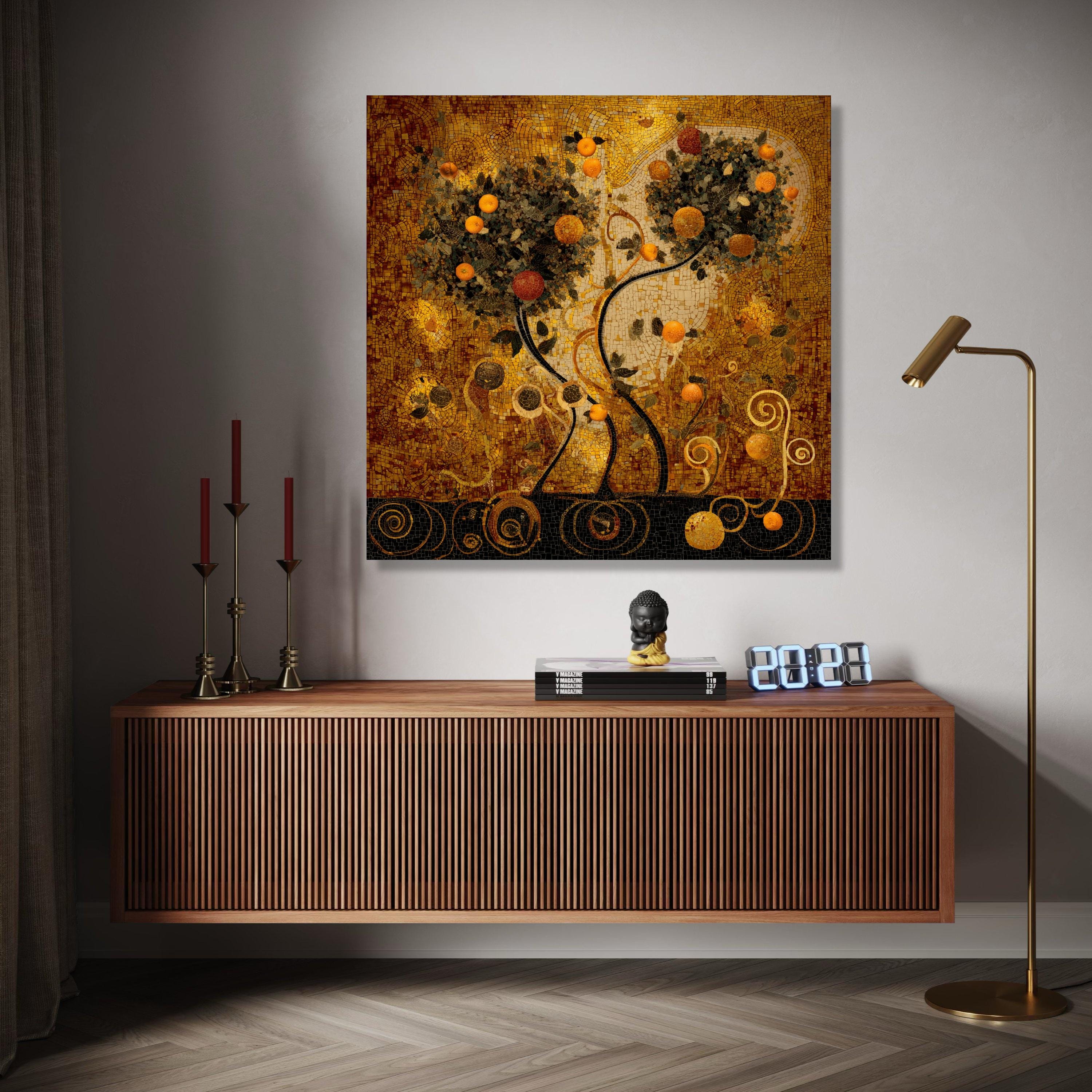 Gustav Klimt Inspired Mosaic Style Canvas, Orange Tree Wall Art