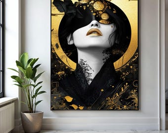 Elegante lienzo con retrato de geisha, decoración japonesa en dorado y negro, impresión de arte asiático moderno, regalo de lujo para el hogar, decoración del hogar, impresión