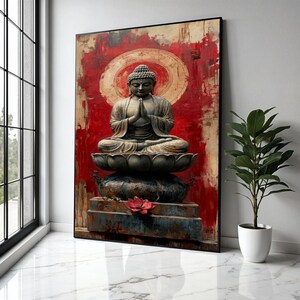 Meditating Buddha Statue Canvas, Zen Spiritual Wall Art, Buddha Lotus Pose Canvas, Red and Gold Meditation Gift Art, Home Decor, Print