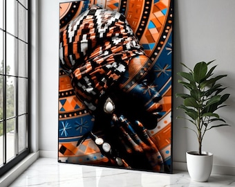 African Woman Portrait Canvas, Tribal Headwrap Wall Art, Ethnic Pattern Canvas, Modern Cultural Decor, Vibrant Gift Art, Home Decor, Print