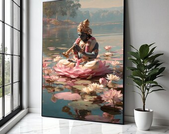 Medytacja nad lotosem, Krishna grający na flecie, płótno, duchowa sztuka ścienna, indyjski wystrój mitologiczny, spokojny prezent z lilią wodną, wystrój domu, wydruk