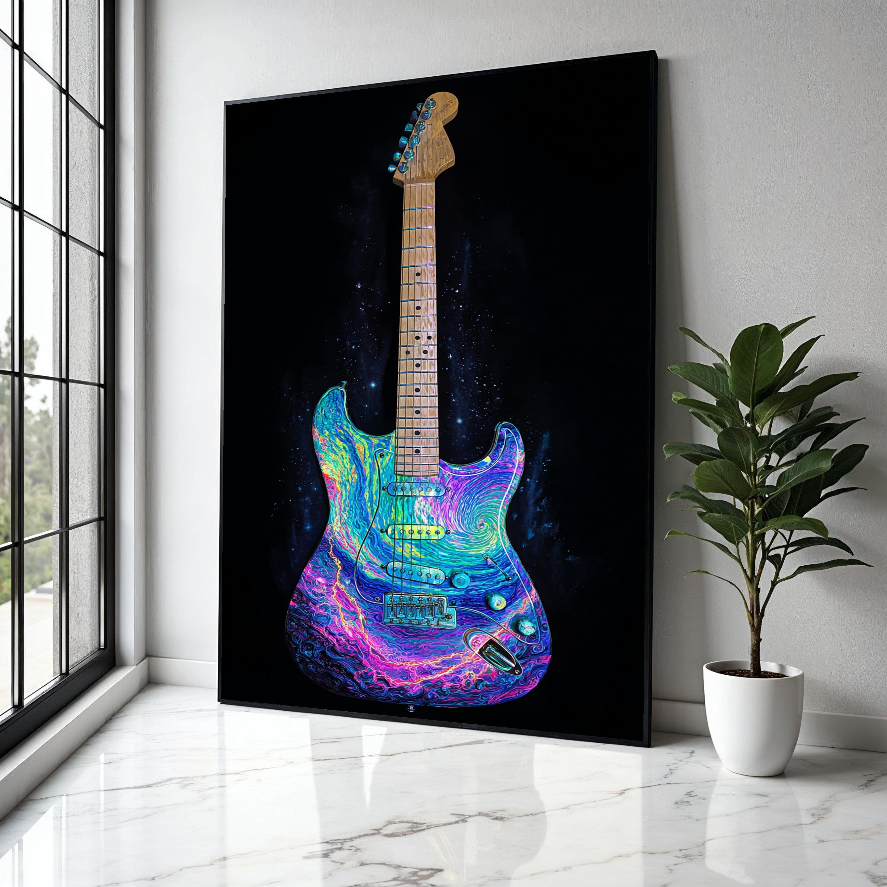 Psychedelic Electric Guitar Canvas, Colorful Music Wall Art, Neon