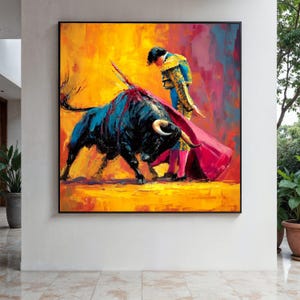 Bullfighter and Bull Canvas Wall Art, Vibrant Matador Painting, Spanish Bullfighting Scene, Colorful Abstract Gift Art, Home Decor, Print