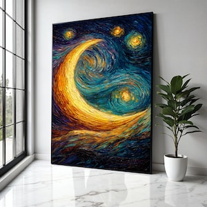 Vibrant Crescent Moon Canvas, Starry Night Sky Wall Art, Swirl Painting, Abstract Nightscape Canvas, Home Gift Art, Home Decor, Print
