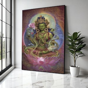 Lienzo decorativo de la diosa Tara Verde, pintura espiritual budista tibetana, decoración de meditación con flor de loto, regalo sagrado, decoración del hogar, impresión.