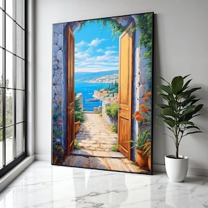 Mediterranean Seaside View Canvas, Open Wooden Door Wall Art, Coastal Landscape Painting, Nautical Home Decor, Gift Art, Home Decor, Print