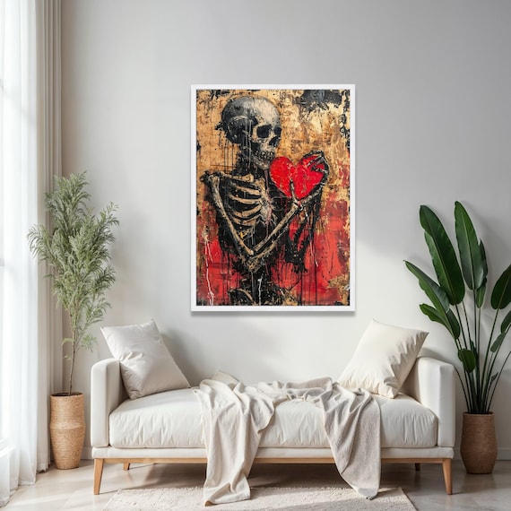 Dark Skeleton Holding Red Heart Canvas, Gothic Wall Art