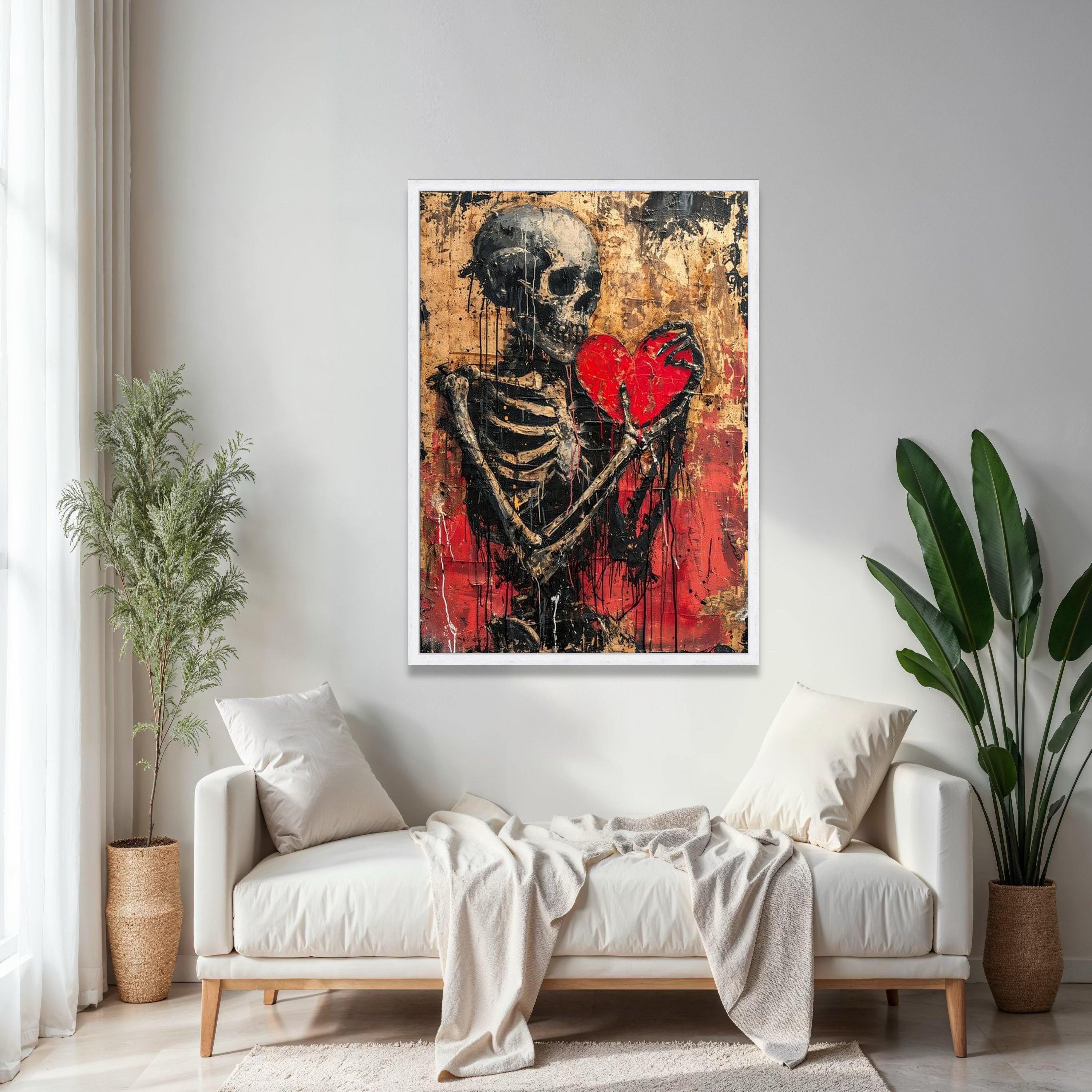 Dark Skeleton Holding Red Heart Canvas, Gothic Wall Art