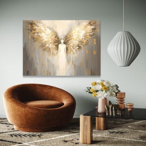 Ethereal angel wings canvas, abstract angel wall art, golden feathers painting, spiritual home decor, modern Gift Art, Home Decor, Print