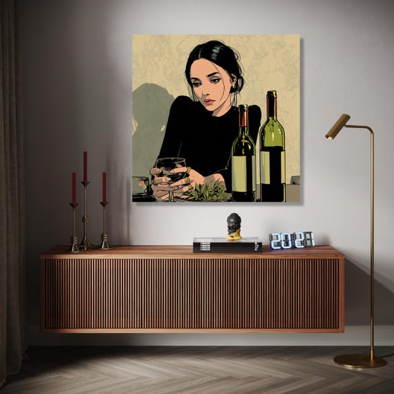 ワイングラスを持つエレガントな女性キャンバス、モダンな女性の肖像画