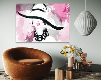 Elegant Woman Portrait Canvas, Abstract Fashion Wall Art, Pink and Black Design, Modern Chic Home Decor, Stylish Gift Art, Home Decor, Print