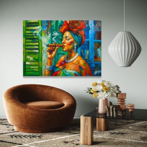 May include: A vibrant oil painting depicts a woman smoking a cigar. She wears a red headscarf, turquoise head wrap, and jewelry. The background features green shutters and a blue window. The artwork is displayed in a modern living room setting.