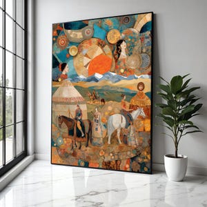 Nomadic Life Scene Canvas, Ethnic People on Horses Wall Art, Traditional Culture Illustration, Mountain Gift Art, Home Decor, Print