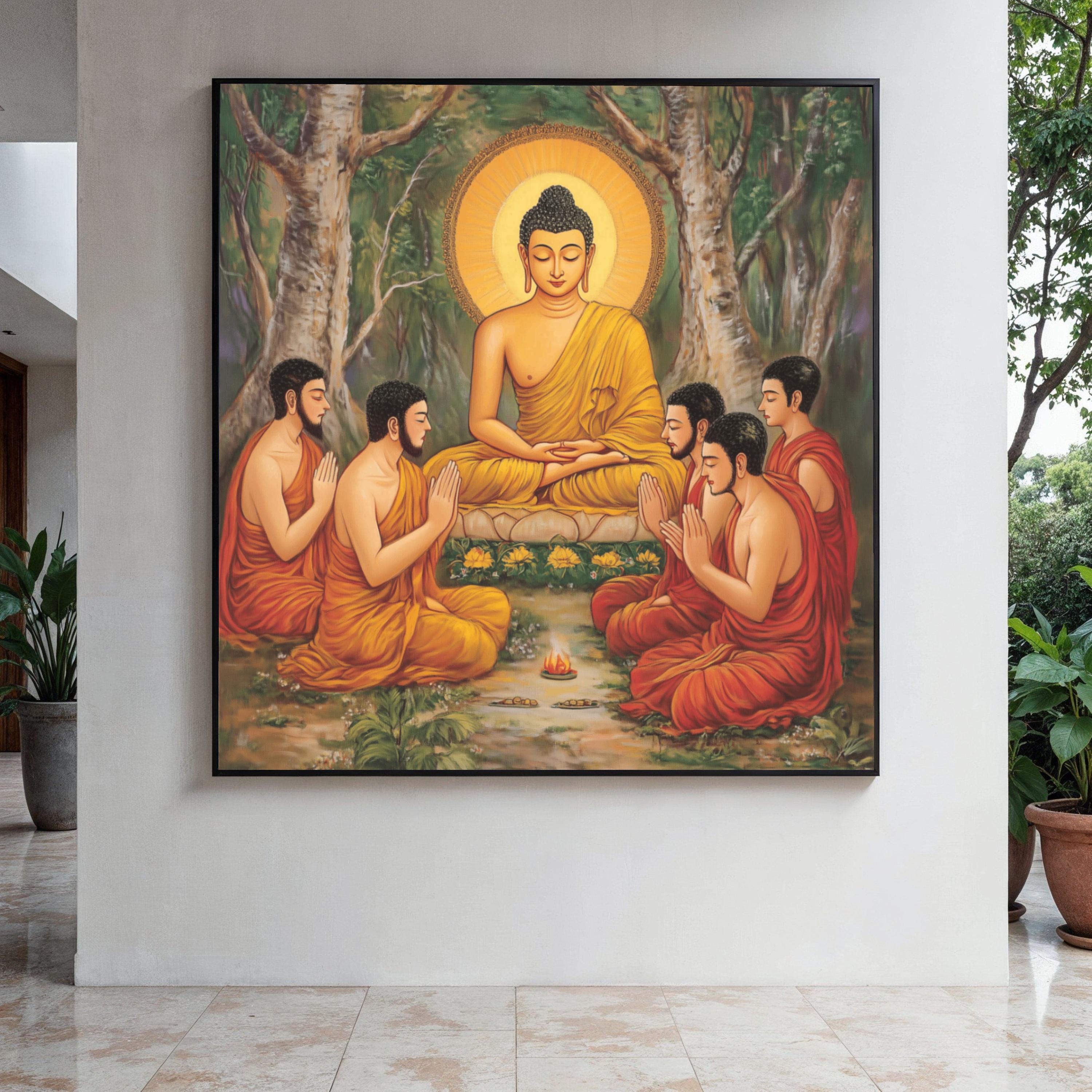 Buddha Teaching Monks Canvas Art, Spiritual Meditation Wall Decor