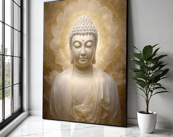 Puede incluir: Impresión en lienzo enmarcada de una estatua de Buda blanca, con una cabeza detallada y ropajes drapeados, sobre un fondo dorado suave. La obra de arte se exhibe en una habitación luminosa, con una planta en maceta.