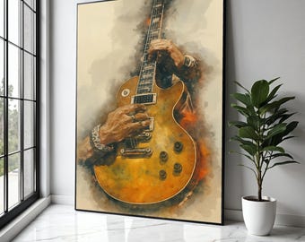 Art vintage pour guitare électrique, toile mains jouant de la guitare, art mural instrument de musique, décoration rock and roll, art cadeau, décoration d'intérieur, impression