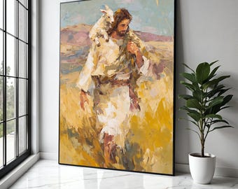 Jesus Carrying Lamb Canvas Wall Art, Christian Religious Painting, Spiritual Home Decor, Inspirational Biblical Gift Art, Home Decor, Print