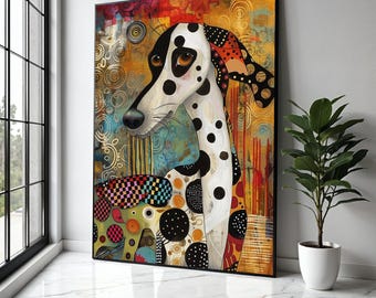 Bunter Dalmatiner Hund Leinwand, moderne abstrakte Kunst, lebhafte Punktmuster Leinwand, zeitgenössische Haustier Geschenk Kunst, Wohnkultur, Druck